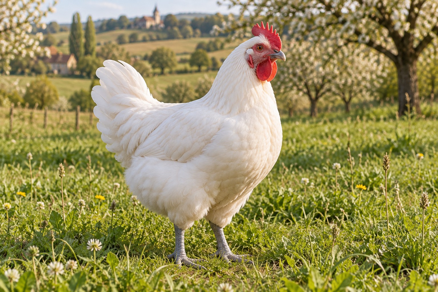 Poulet de Bresse vivant, bien dodu, au plumage blanc et aux pattes bleu ardoise dans un pré