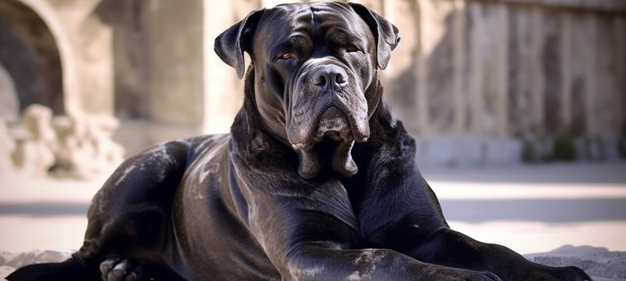 Cane Corso noir couché dans une cour